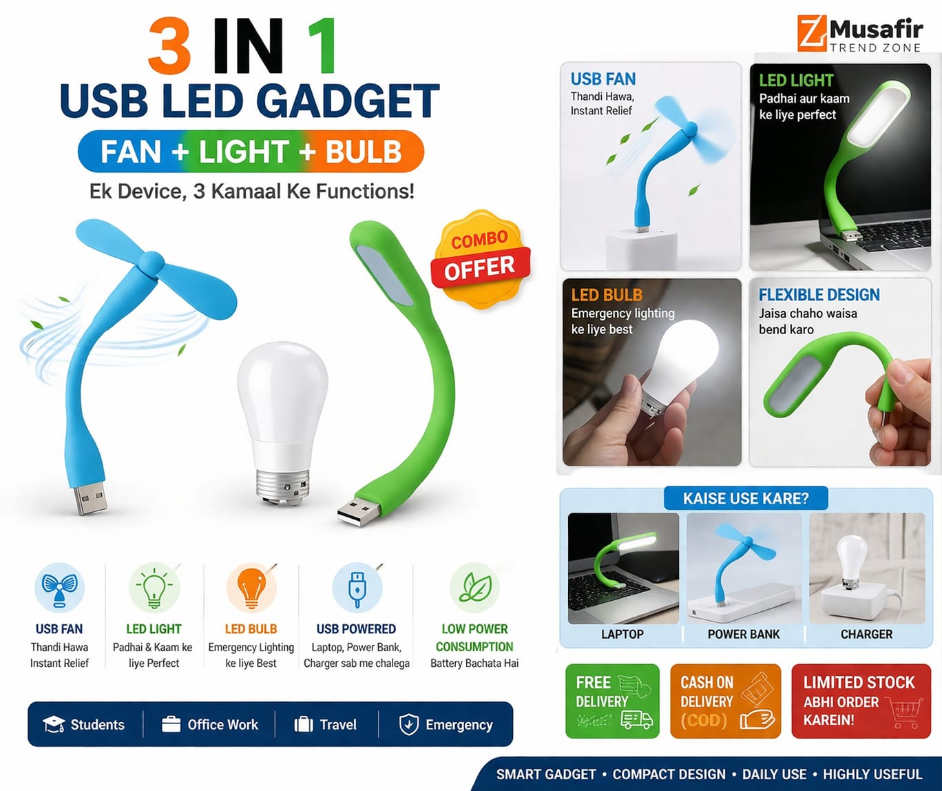 3-in-1 USB Fan + LED Light + Bulb Combo | Portable Mini Gadget