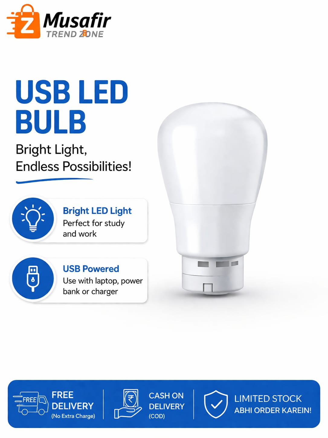 3-in-1 USB Fan + LED Light + Bulb Combo | Portable Mini Gadget