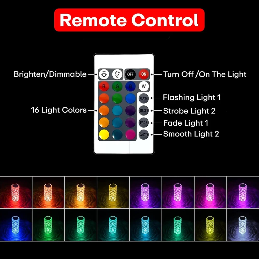 Crystal Diamond Rose Lamp – 16 RGB Touch & Remote