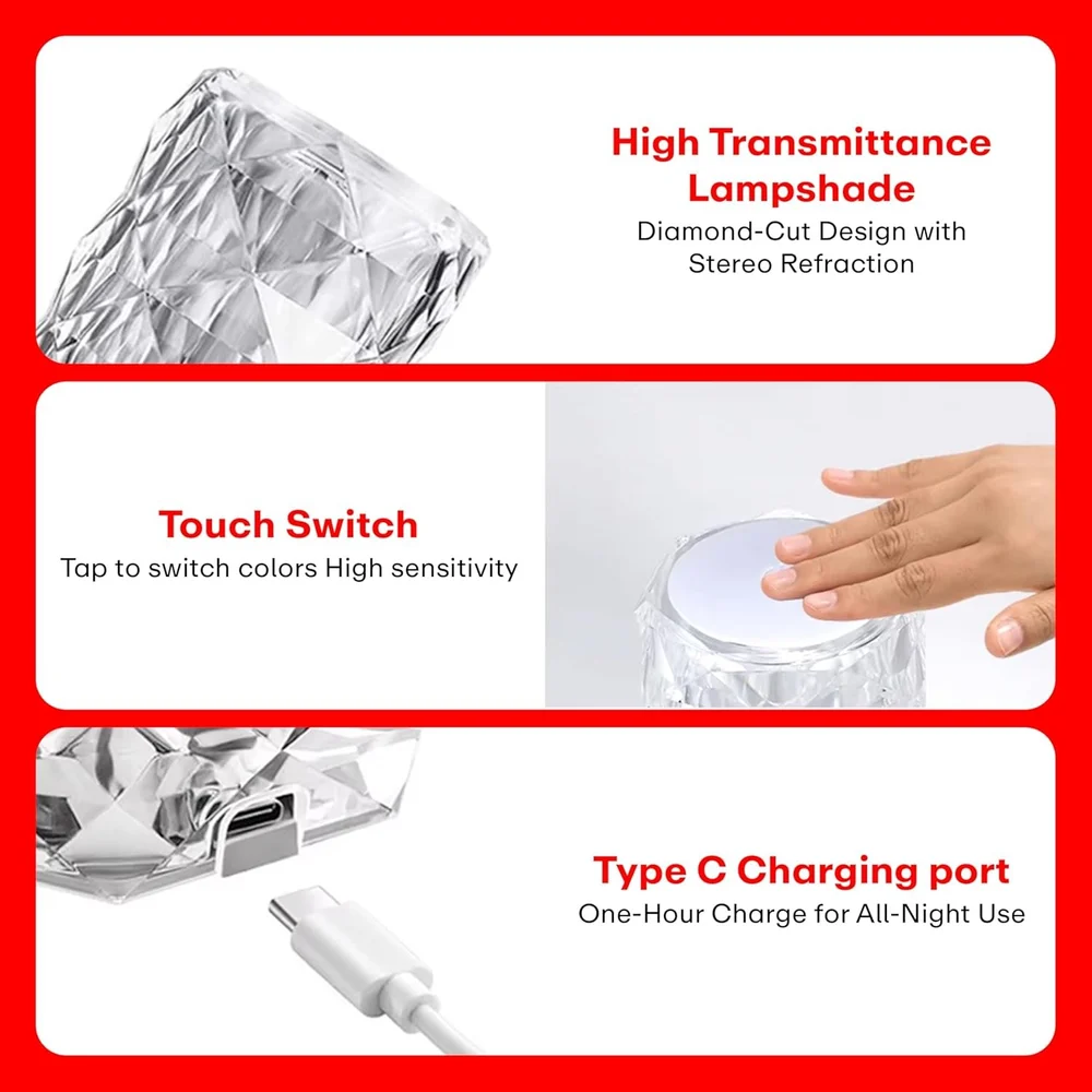 Crystal Diamond Rose Lamp – 16 RGB Touch & Remote