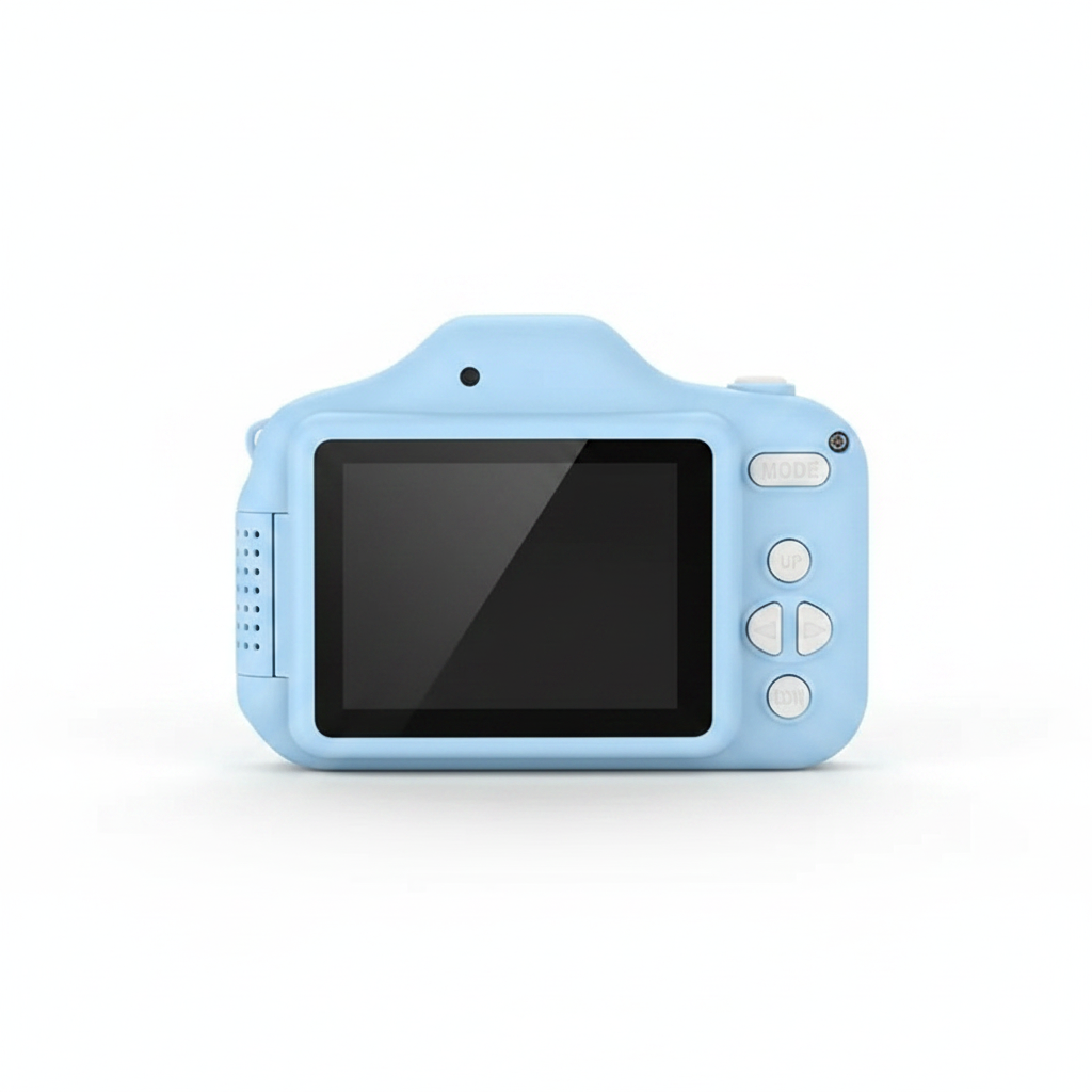 Blue kids digital camera back view showing screen