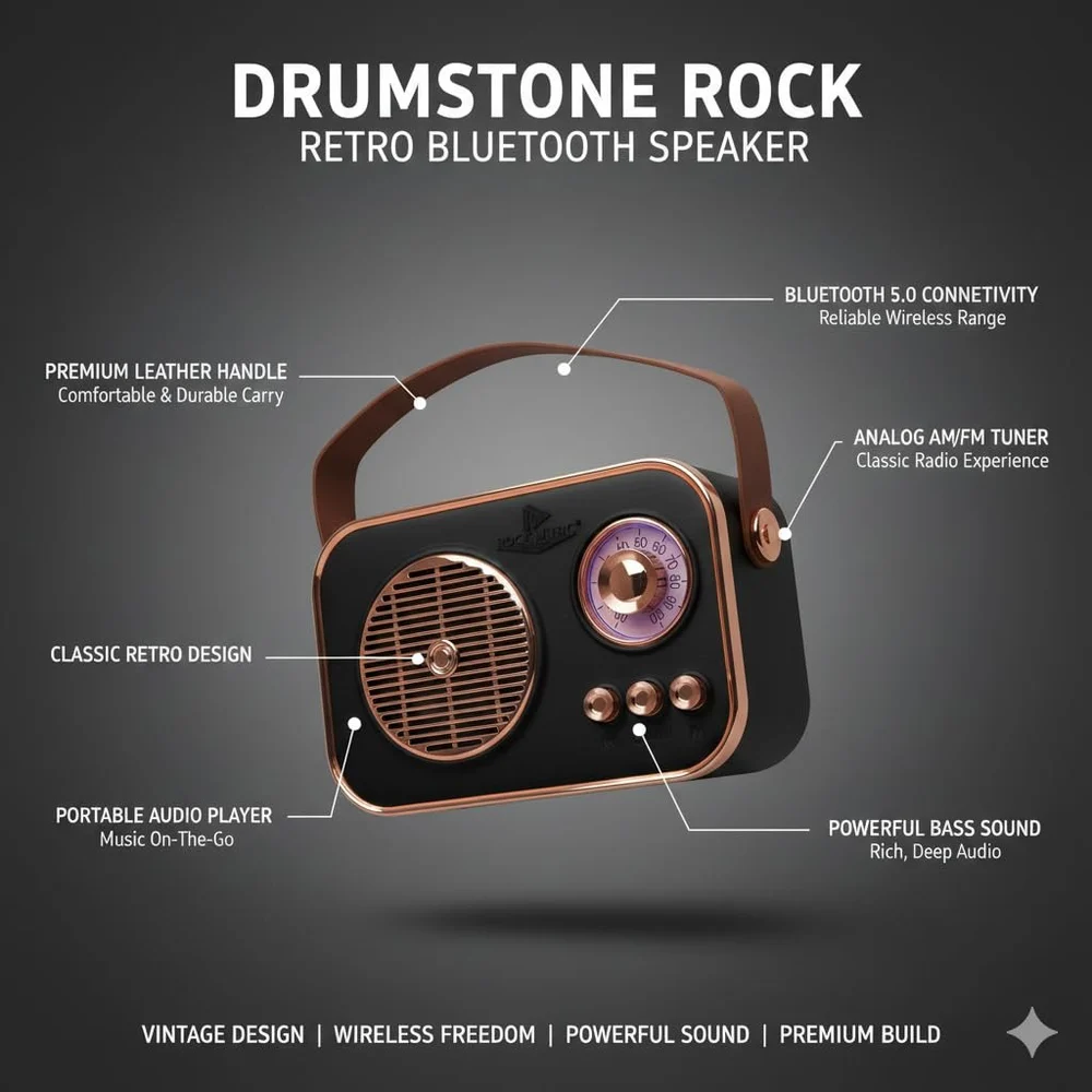 Drumstone Rock Retro Bluetooth Speaker | AM/FM | Leather Handle | BT 5.0