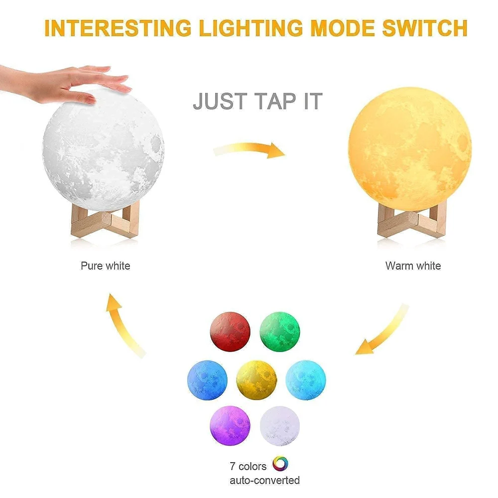 3D Moon Lamp – 7 Color LED Wooden Stand