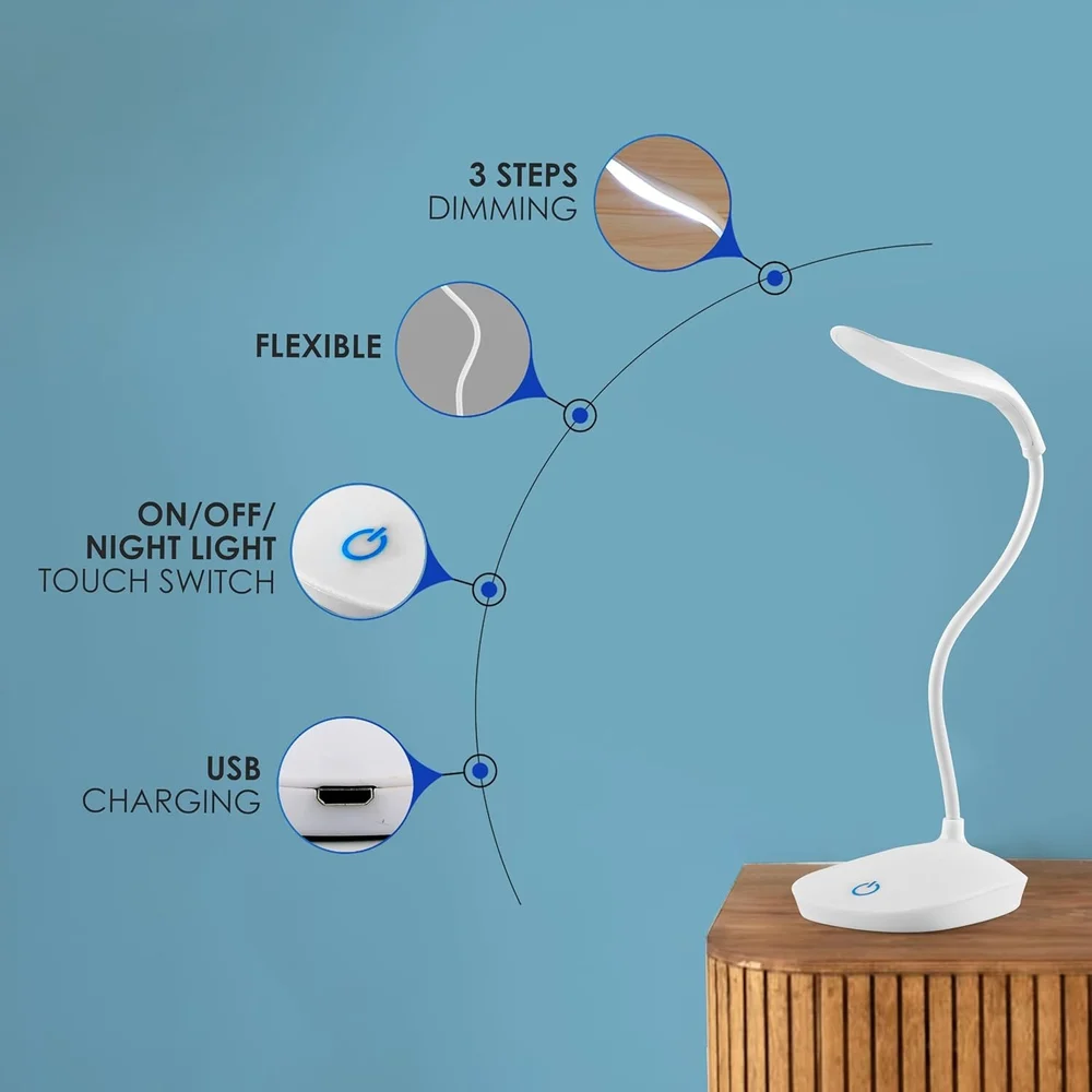 Flexible Gooseneck LED Desk Lamp – Touch Dimmable USB
