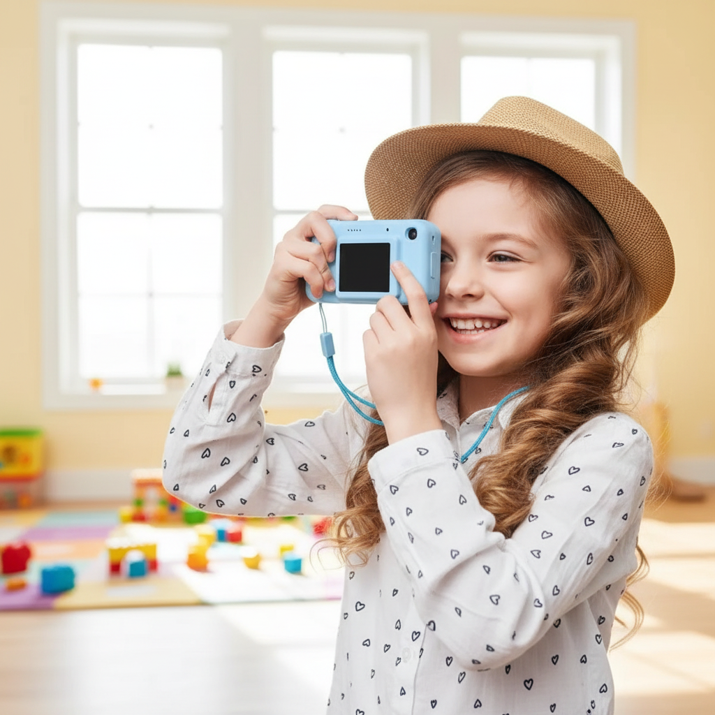 Girl taking photo with blue kids camera
