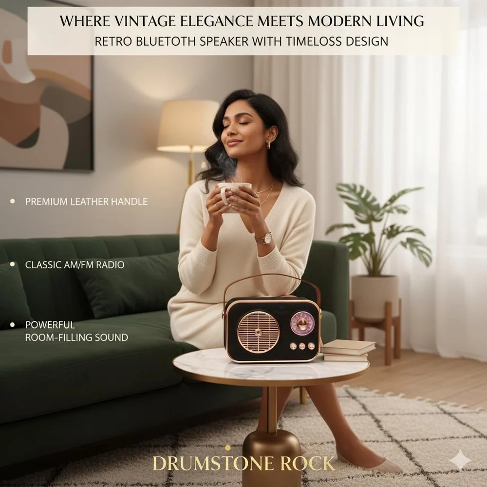 Drumstone Rock Retro Bluetooth Speaker | AM/FM | Leather Handle | BT 5.0