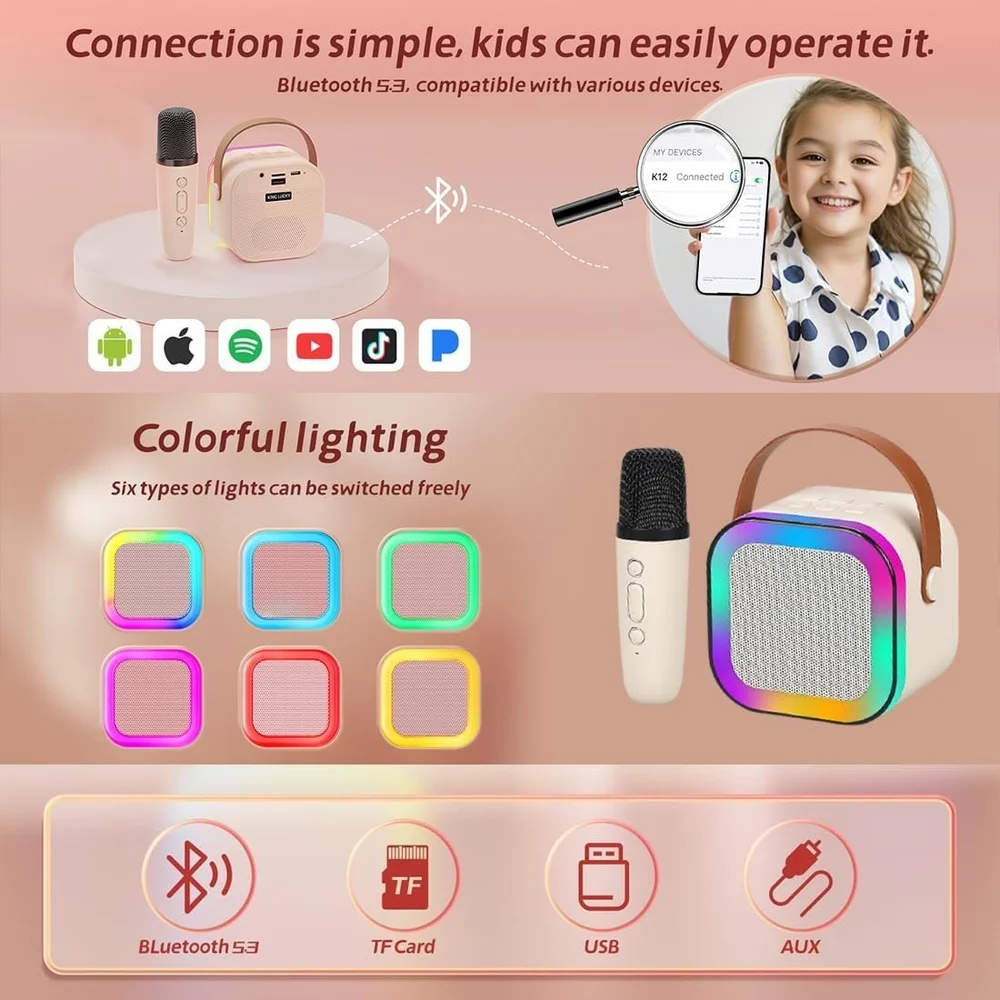 Mini Karaoke Bluetooth Speaker with Wireless Mic & RGB LED Lights